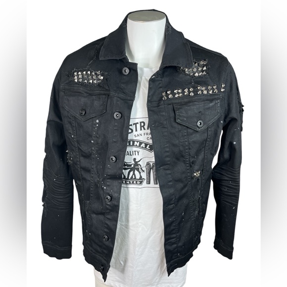 Smoke Rise Studded Paint splattered Distressed Jean Jacket - Picture 1 of 2